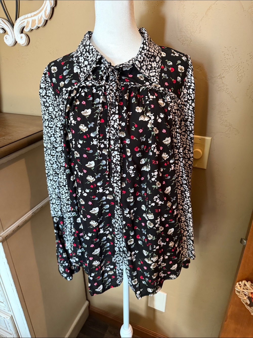 easel Black Floral Tie-Neck Blouse with White & Pink Accents